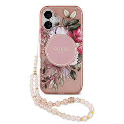 Guess iPhone 17 Back cover coque - Magsafe - IML Flowers with Pearl Strap - Rose