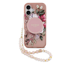 Guess Guess iPhone 17 Back cover coque - Magsafe - IML Flowers with Pearl Strap - Rose Guess Guess iPhone 17 Back cover coque - Magsafe - IML Flowers with Pearl Strap - Rose