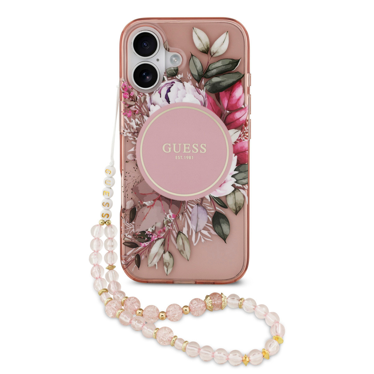 Guess Guess iPhone 17 Backcover hoesje - Magsafe - IML Flowers with Pearl Strap - Roze