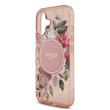 Guess Guess iPhone 17 Back-Cover hul - Magsafe - IML Flowers with Pearl Strap - Rosa Guess Guess iPhone 17 Back-Cover hul - Magsafe - IML Flowers with Pearl Strap - Rosa