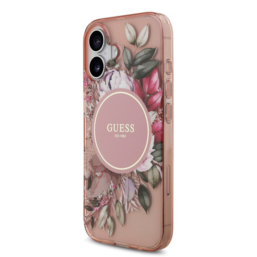 Guess Guess iPhone 17 Back cover coque - Magsafe - IML Flowers with Pearl Strap - Rose Guess Guess iPhone 17 Back cover coque - Magsafe - IML Flowers with Pearl Strap - Rose