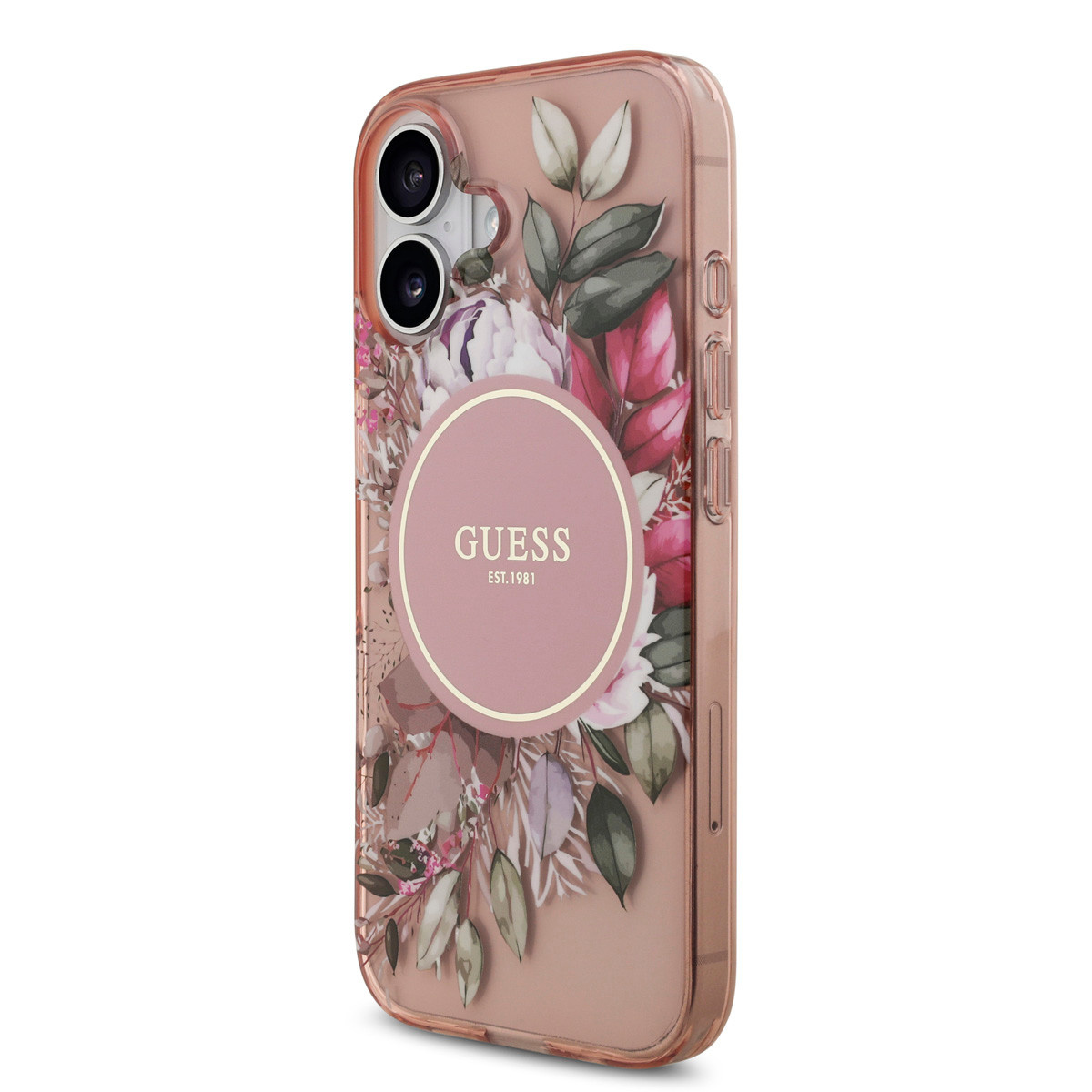 Guess Guess iPhone 17 Backcover hoesje - Magsafe - IML Flowers with Pearl Strap - Roze, foto 3 van 6