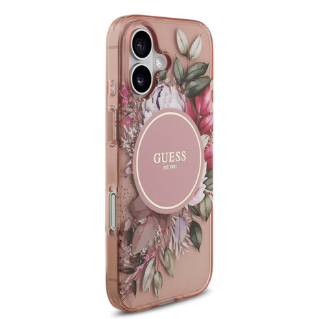 Guess Guess iPhone 17 Back cover coque - Magsafe - IML Flowers with Pearl Strap - Rose Guess Guess iPhone 17 Back cover coque - Magsafe - IML Flowers with Pearl Strap - Rose