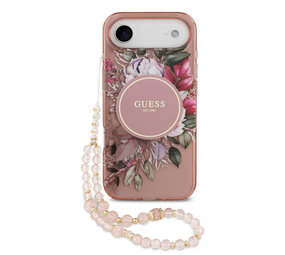 Guess Guess iPhone 17 Air Backcover hoesje - Magsafe - IML Flowers with Pearl Strap - Roze Guess Guess iPhone 17 Air Backcover hoesje - Magsafe - IML Flowers with Pearl Strap - Roze
