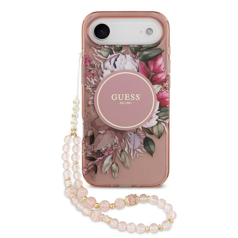 Guess Guess iPhone 17 Air Back cover case - Magsafe - IML Flowers with Pearl Strap - Pink Guess Guess iPhone 17 Air Back cover case - Magsafe - IML Flowers with Pearl Strap - Pink
