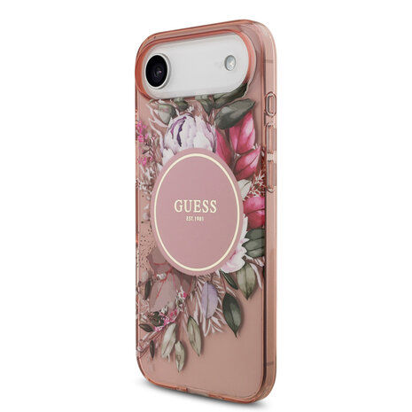 Guess Guess iPhone 17 Air Backcover hoesje - Magsafe - IML Flowers with Pearl Strap - Roze Guess Guess iPhone 17 Air Backcover hoesje - Magsafe - IML Flowers with Pearl Strap - Roze