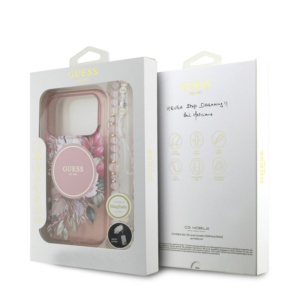 Guess Guess iPhone 17 Pro Back cover coque - Magsafe - IML Flowers with Pearl Strap - Rose Guess Guess iPhone 17 Pro Back cover coque - Magsafe - IML Flowers with Pearl Strap - Rose