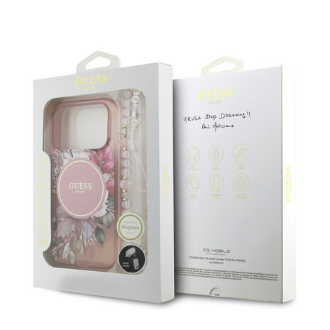 Guess Guess iPhone 17 Pro Backcover hoesje - Magsafe - IML Flowers with Pearl Strap - Roze