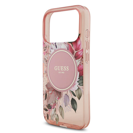 Guess Guess iPhone 17 Pro Backcover hoesje - Magsafe - IML Flowers with Pearl Strap - Roze