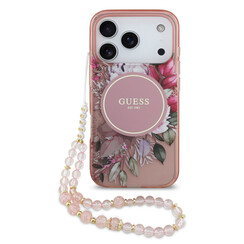 Guess iPhone 17 Pro/iPhone 18 Pro Coque arrière MagSafe Motif floral IML avec dragonne perlée - Rose