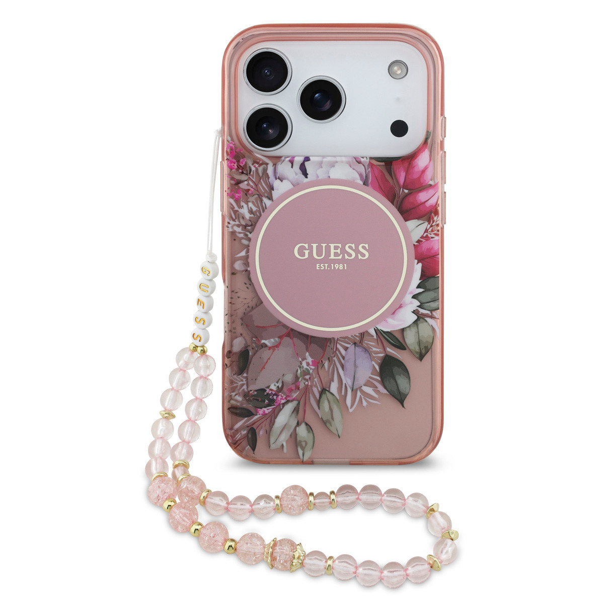 Guess Guess iPhone 17 Pro Backcover hoesje - Magsafe - IML Flowers with Pearl Strap - Roze