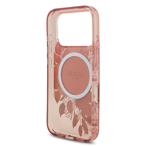 Guess Guess iPhone 17 Pro Backcover hoesje - Magsafe - IML Flowers with Pearl Strap - Roze
