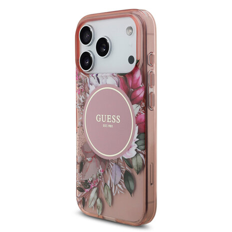 Guess Guess iPhone 17 Pro Backcover hoesje - Magsafe - IML Flowers with Pearl Strap - Roze