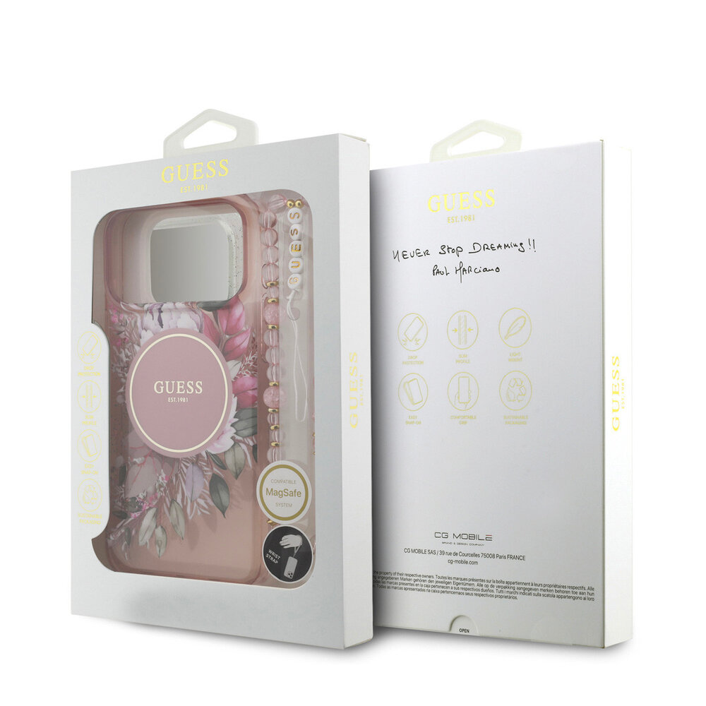 Guess Guess iPhone 17 Pro Max Back-Cover hul - Magsafe - IML Flowers with Pearl Strap - Rosa Guess Guess iPhone 17 Pro Max Back-Cover hul - Magsafe - IML Flowers with Pearl Strap - Rosa