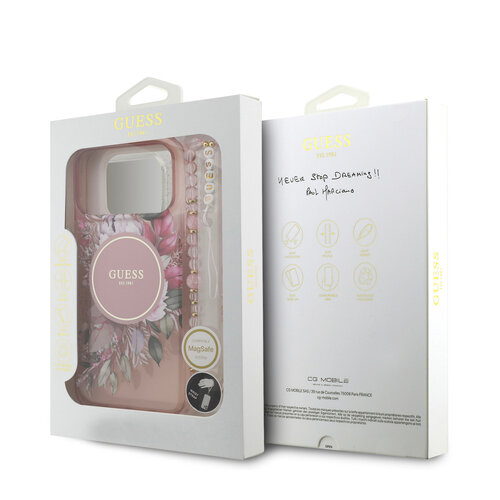 Guess Guess iPhone 17 Pro Max/iPhone 18 Pro Max Coque arrière MagSafe Motif floral IML avec dragonne perlée - Rose