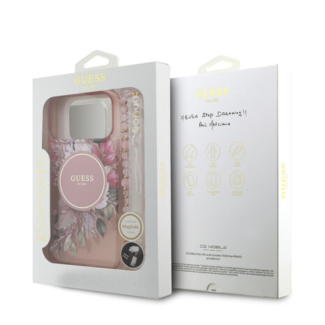 Guess Guess iPhone 17 Pro Max Backcover hoesje - Magsafe - IML Flowers with Pearl Strap - Roze Guess Guess iPhone 17 Pro Max Backcover hoesje - Magsafe - IML Flowers with Pearl Strap - Roze