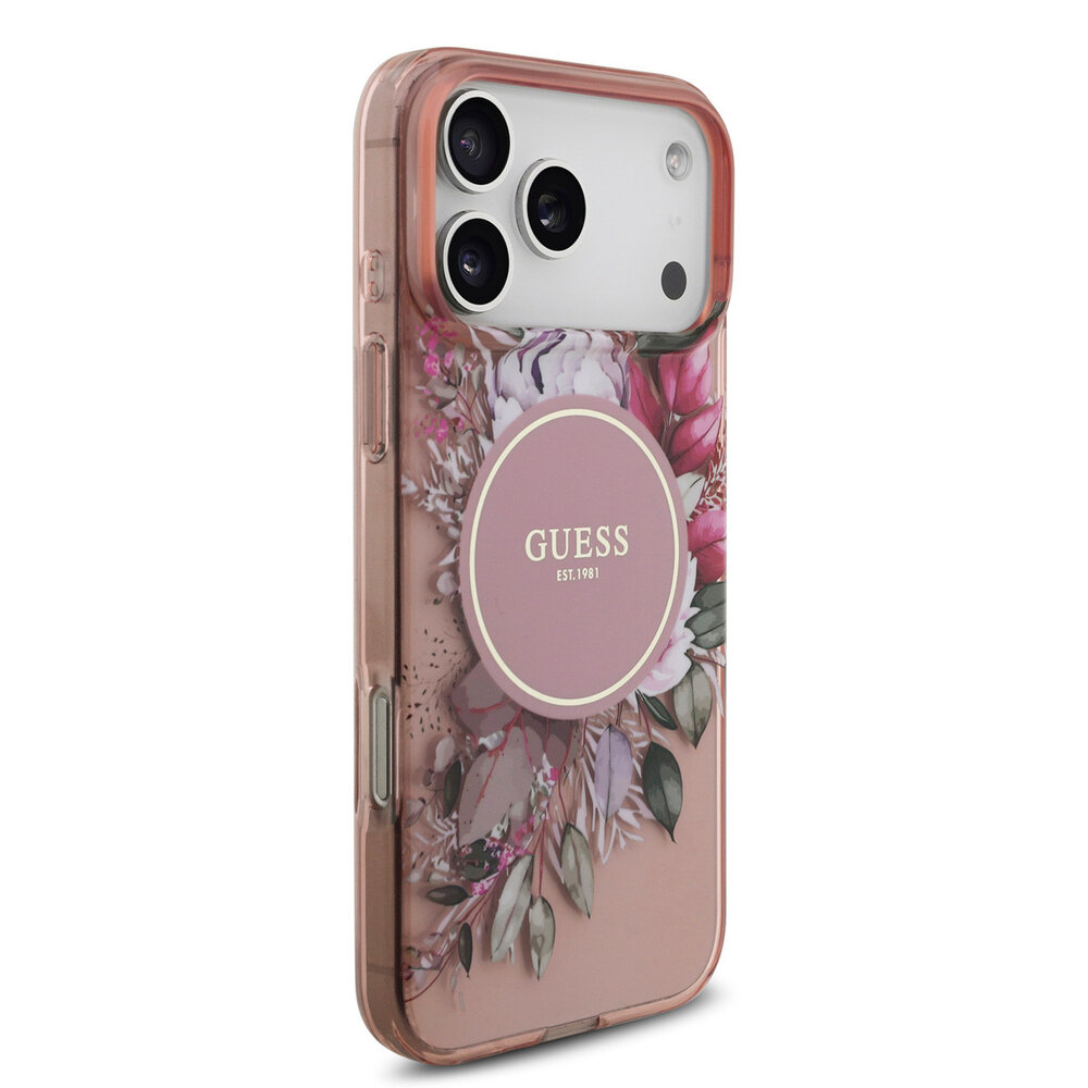 Guess Guess iPhone 17 Pro Max Backcover hoesje - Magsafe - IML Flowers with Pearl Strap - Roze Guess Guess iPhone 17 Pro Max Backcover hoesje - Magsafe - IML Flowers with Pearl Strap - Roze
