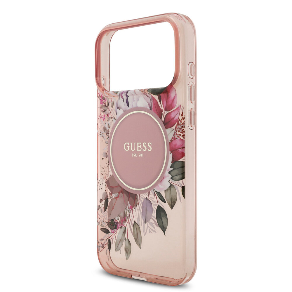 Guess Guess iPhone 17 Pro Max Back-Cover hul - Magsafe - IML Flowers with Pearl Strap - Rosa Guess Guess iPhone 17 Pro Max Back-Cover hul - Magsafe - IML Flowers with Pearl Strap - Rosa