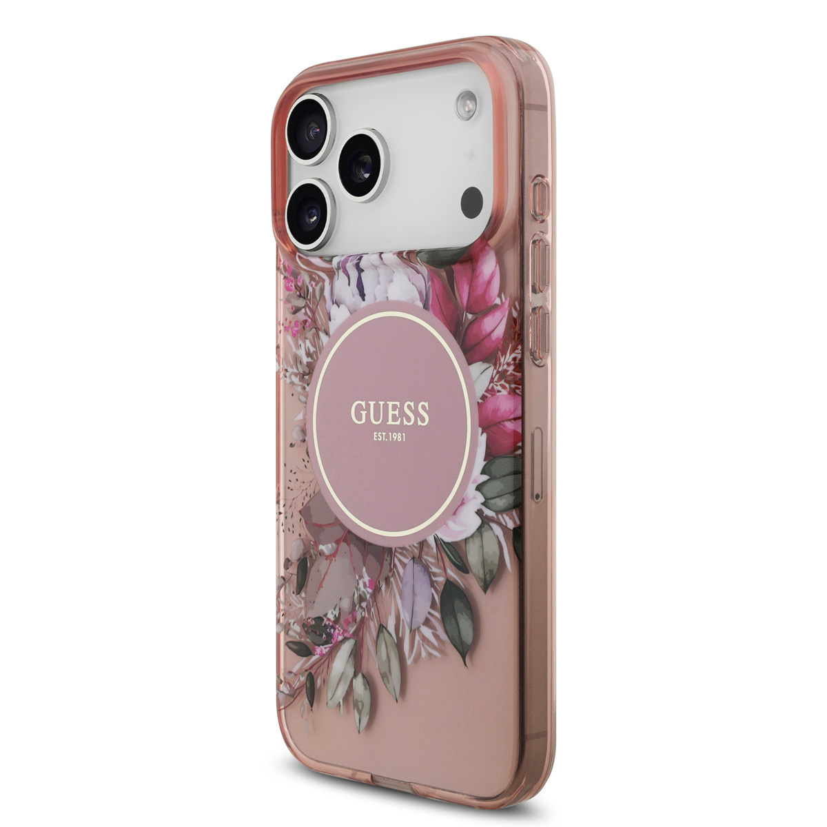 Guess Guess iPhone 17 Pro Max Backcover hoesje - Magsafe - IML Flowers with Pearl Strap - Roze, foto 3 van 6