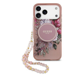 Guess Guess iPhone 17 Pro Max Back-Cover hul - Magsafe - IML Flowers with Pearl Strap - Rosa Guess Guess iPhone 17 Pro Max Back-Cover hul - Magsafe - IML Flowers with Pearl Strap - Rosa