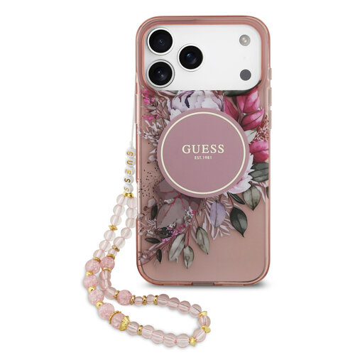 Guess Guess iPhone 17 Pro Max/iPhone 18 Pro Max Coque arrière MagSafe Motif floral IML avec dragonne perlée - Rose