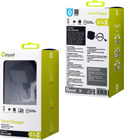 Muvit Travel Charger 2.1A Micro USB - Schwarz Muvit Travel Charger 2.1A Micro USB - Schwarz