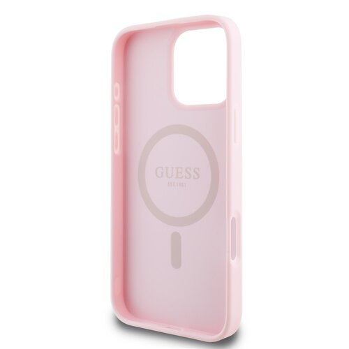 Guess Guess iPhone 16 Pro Max Back cover case - Magsafe PU Leather - Grained With Gold Ring - Pink