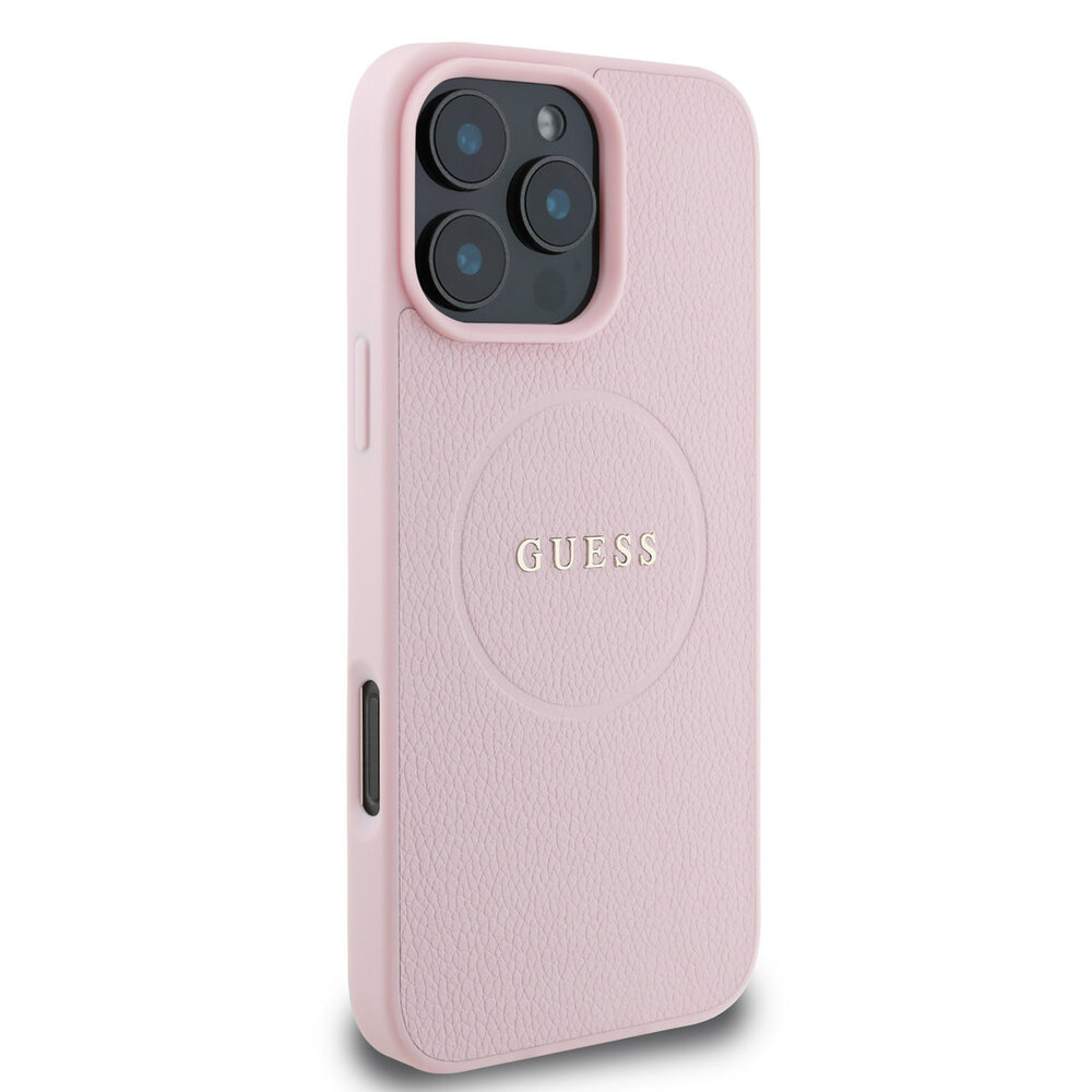 Guess Guess iPhone 16 Pro Max Backcover hoesje - Magsafe PU Leather - Grained With Gold Ring - Roze Guess Guess iPhone 16 Pro Max Backcover hoesje - Magsafe PU Leather - Grained With Gold Ring - Roze