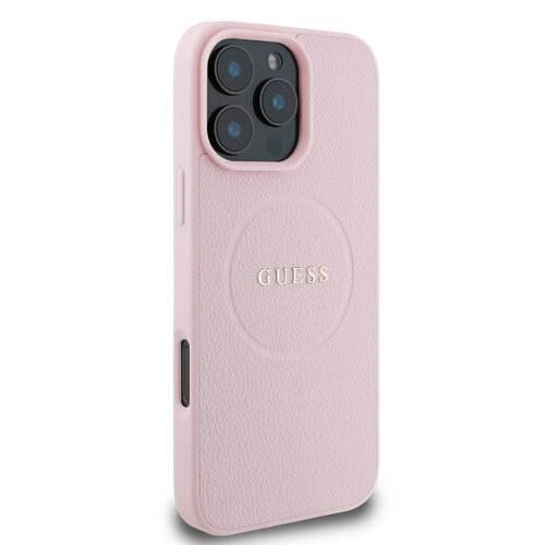 Guess Guess iPhone 16 Pro Max Back cover case - Magsafe PU Leather - Grained With Gold Ring - Pink