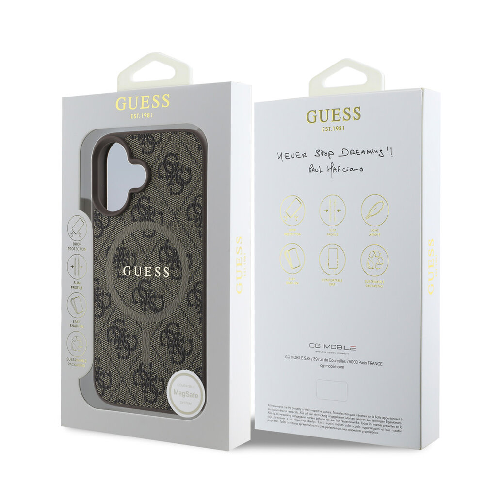 Guess Guess iPhone 16 Back cover coque - Magsafe PU Leather - 4G Ring - Marron Guess Guess iPhone 16 Back cover coque - Magsafe PU Leather - 4G Ring - Marron