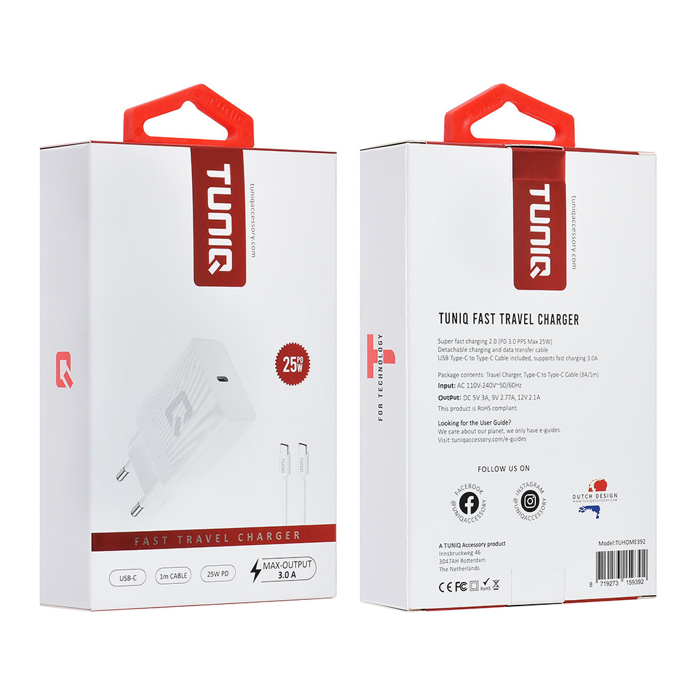 TUNIQ TUNIQ Snellader PD 25W Adapter met USB Type-C kabel - Wit, foto 5 van 5