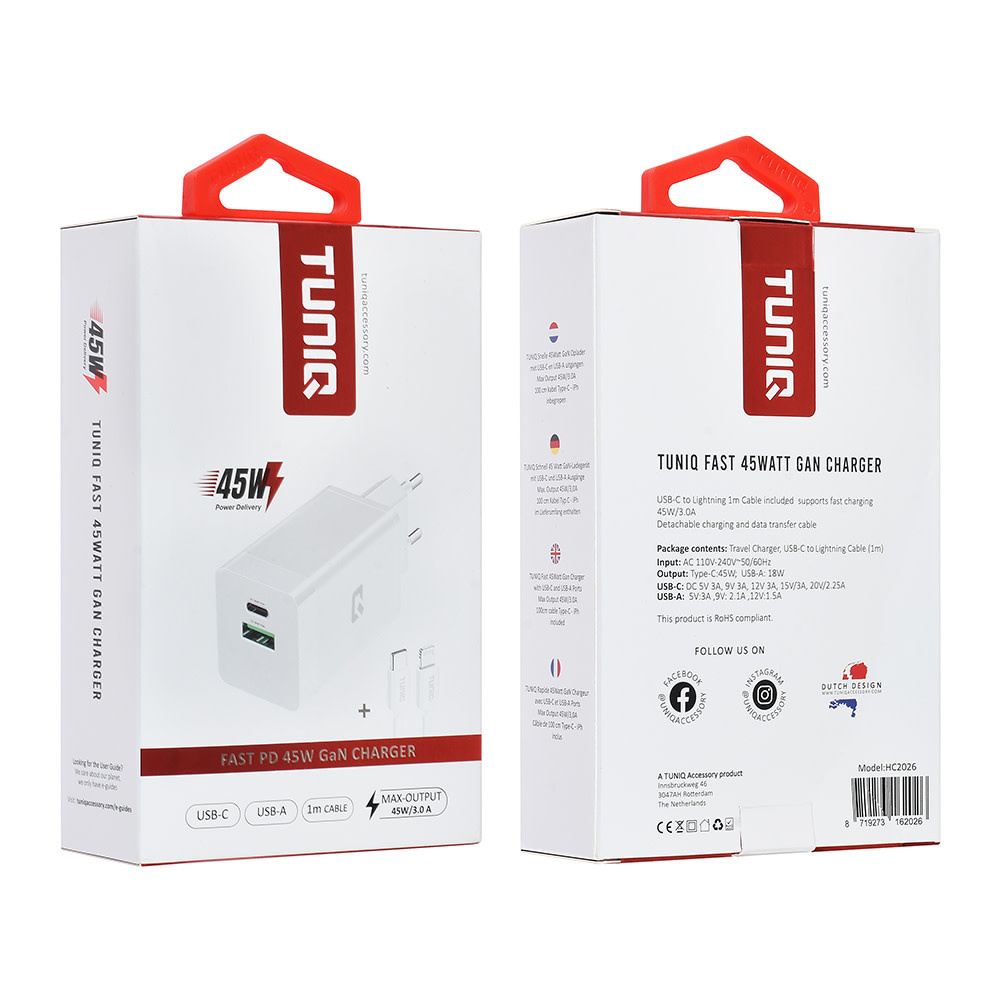 TUNIQ TUNIQ PD 45W GaN thuislader - dual poort met USB-C naar iPhone kabel - Wit, foto 4 van 4