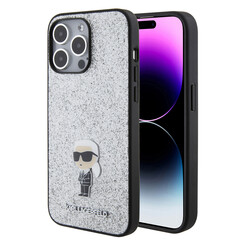 Karl Lagerfeld iPhone 15 Pro Max Back cover case - Fixed Glitter - Ikonik K Logo - Silver
