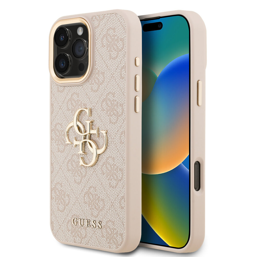 Guess Guess iPhone 16 Pro Max Back cover case - 4G - Big Metal Logo - Gold Edge - Pink Guess Guess iPhone 16 Pro Max Back cover case - 4G - Big Metal Logo - Gold Edge - Pink