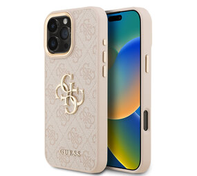 Guess Guess iPhone 16 Pro Max Back cover case - 4G - Big Metal Logo - Gold Edge - Pink Guess Guess iPhone 16 Pro Max Back cover case - 4G - Big Metal Logo - Gold Edge - Pink