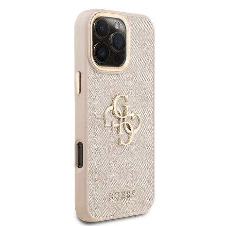 Guess Guess iPhone 16 Pro Max Back cover case - 4G - Big Metal Logo - Gold Edge - Pink Guess Guess iPhone 16 Pro Max Back cover case - 4G - Big Metal Logo - Gold Edge - Pink