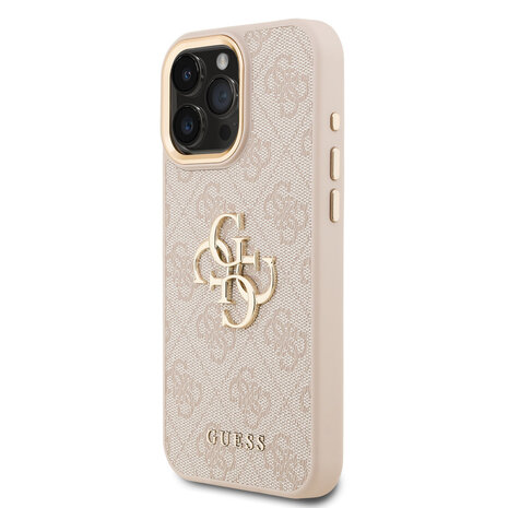 Guess Guess iPhone 16 Pro Max Backcover hoesje - 4G - Big Metal Logo - Gold Edge - Roze Guess Guess iPhone 16 Pro Max Backcover hoesje - 4G - Big Metal Logo - Gold Edge - Roze