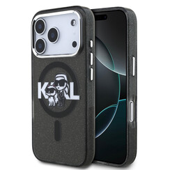 Karl Lagerfeld iPhone 17 Pro/iPhone 18 Pro Handyhülle MagSafe Glitzer Karl-&-Choupette-Skizzenlogo - Schwarz