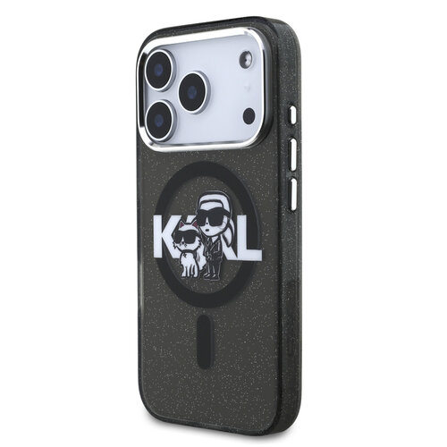 Karl Lagerfeld Karl Lagerfeld iPhone 17 Pro/iPhone 18 Pro Coque arrière MagSafe Paillettes logo esquissé Karl & Choupette - Noir
