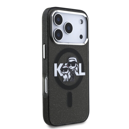 Karl Lagerfeld Karl Lagerfeld iPhone 17 Pro/iPhone 18 Pro Coque arrière MagSafe Paillettes logo esquissé Karl & Choupette - Noir