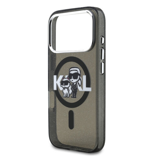 Karl Lagerfeld Karl Lagerfeld iPhone 17 Pro/iPhone 18 Pro Coque arrière MagSafe Paillettes logo esquissé Karl & Choupette - Noir