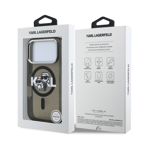 Karl Lagerfeld Karl Lagerfeld iPhone 17 Pro/iPhone 18 Pro Coque arrière MagSafe Paillettes logo esquissé Karl & Choupette - Noir
