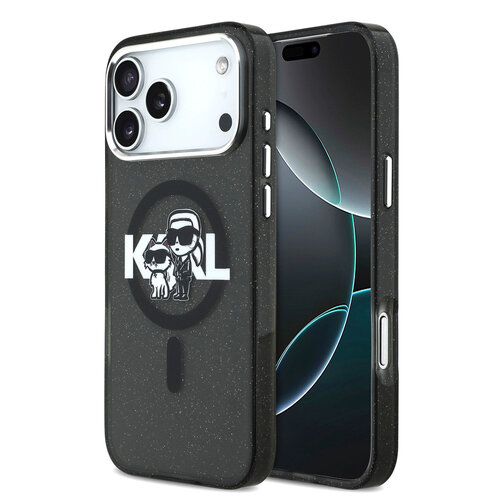 Karl Lagerfeld Karl Lagerfeld iPhone 17 Pro Max/iPhone 18 Pro Max Coque arrière MagSafe Paillettes logo esquissé Karl & Choupette - Noir
