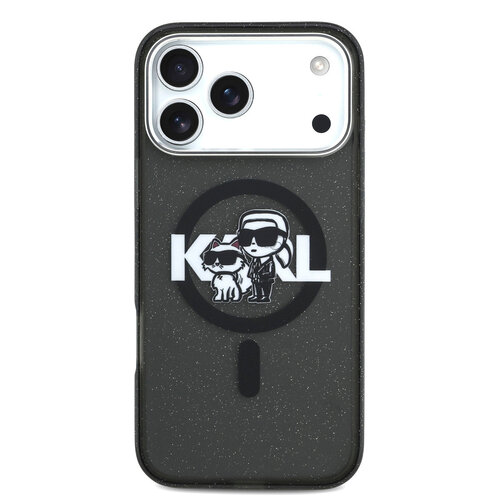 Karl Lagerfeld Karl Lagerfeld iPhone 17 Pro Max/iPhone 18 Pro Max Coque arrière MagSafe Paillettes logo esquissé Karl & Choupette - Noir