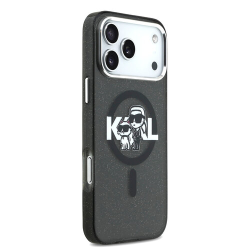 Karl Lagerfeld Karl Lagerfeld iPhone 17 Pro Max/iPhone 18 Pro Max Coque arrière MagSafe Paillettes logo esquissé Karl & Choupette - Noir