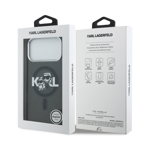 Karl Lagerfeld Karl Lagerfeld iPhone 17 Pro Max/iPhone 18 Pro Max Coque arrière MagSafe Paillettes logo esquissé Karl & Choupette - Noir