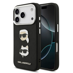 Karl Lagerfeld iPhone 17 Pro/iPhone 18 Pro Back-Cover hul  - Saffiano Leather - K&C Head Pins - Silver Edge - Schwarz