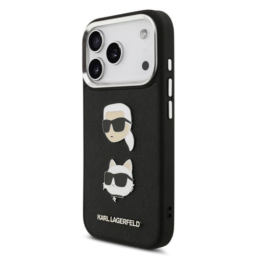 Karl Lagerfeld Karl Lagerfeld iPhone 17 Pro/iPhone 18 Pro Coque arrière Revêtement intégral finition grainée Pins représentant les têtes de Karl & Choupette - Noir