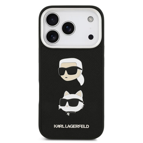 Karl Lagerfeld Karl Lagerfeld iPhone 17 Pro/iPhone 18 Pro Coque arrière Revêtement intégral finition grainée Pins représentant les têtes de Karl & Choupette - Noir