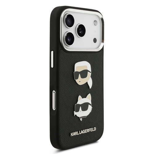 Karl Lagerfeld Karl Lagerfeld iPhone 17 Pro/iPhone 18 Pro Coque arrière Revêtement intégral finition grainée Pins représentant les têtes de Karl & Choupette - Noir